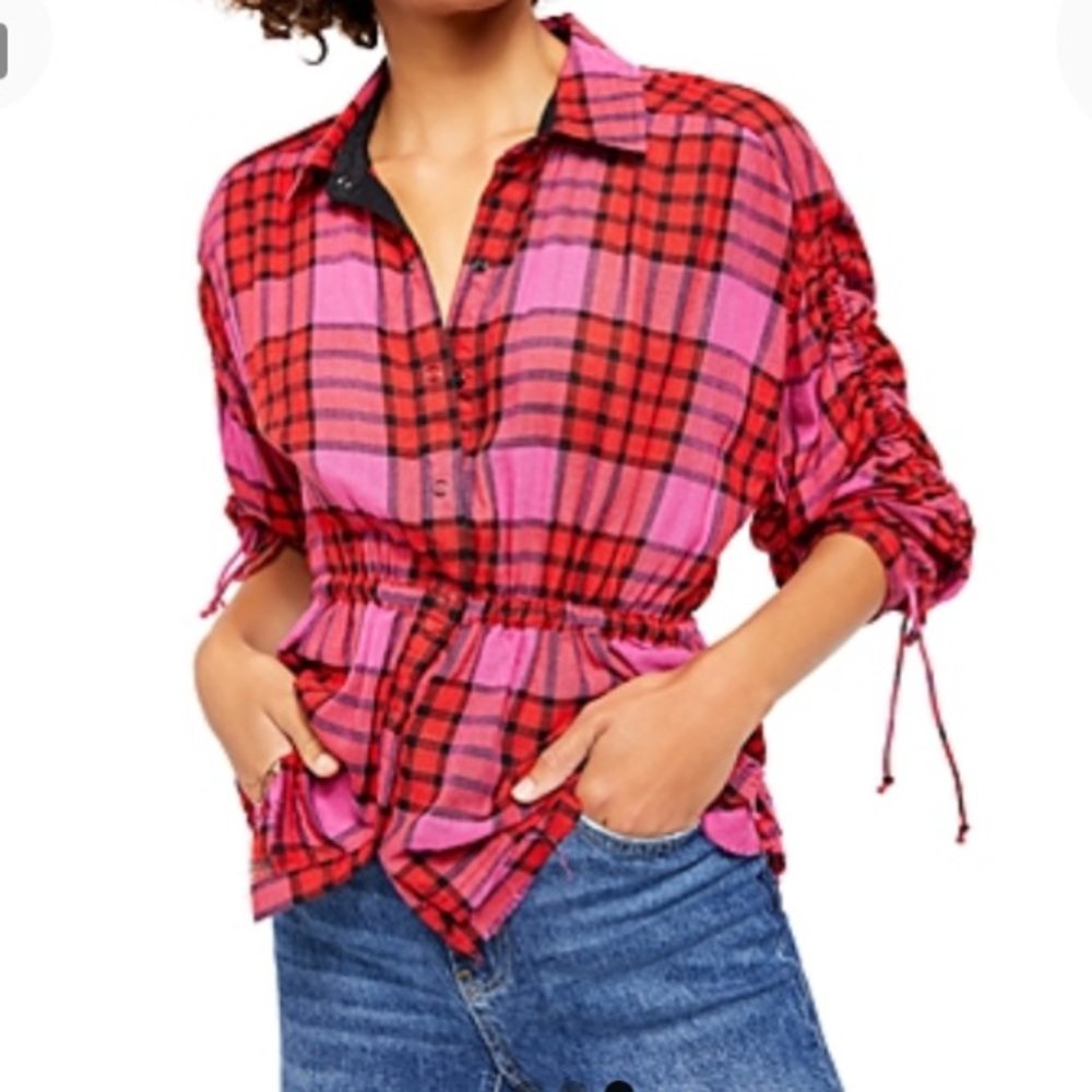 NEW Free People Plaid Ruched 3/4 Sleeve Snap Front Top, Size XS, Red Pink